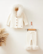 Luxury Baby Knit Set with Faux Fur Hood – Ivory Cream