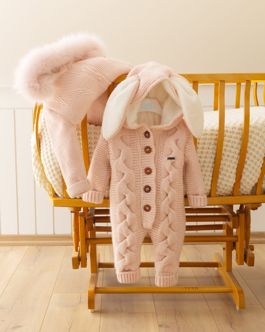 Baby Knit Romper with Faux Fur Hood – Soft Blush Pink