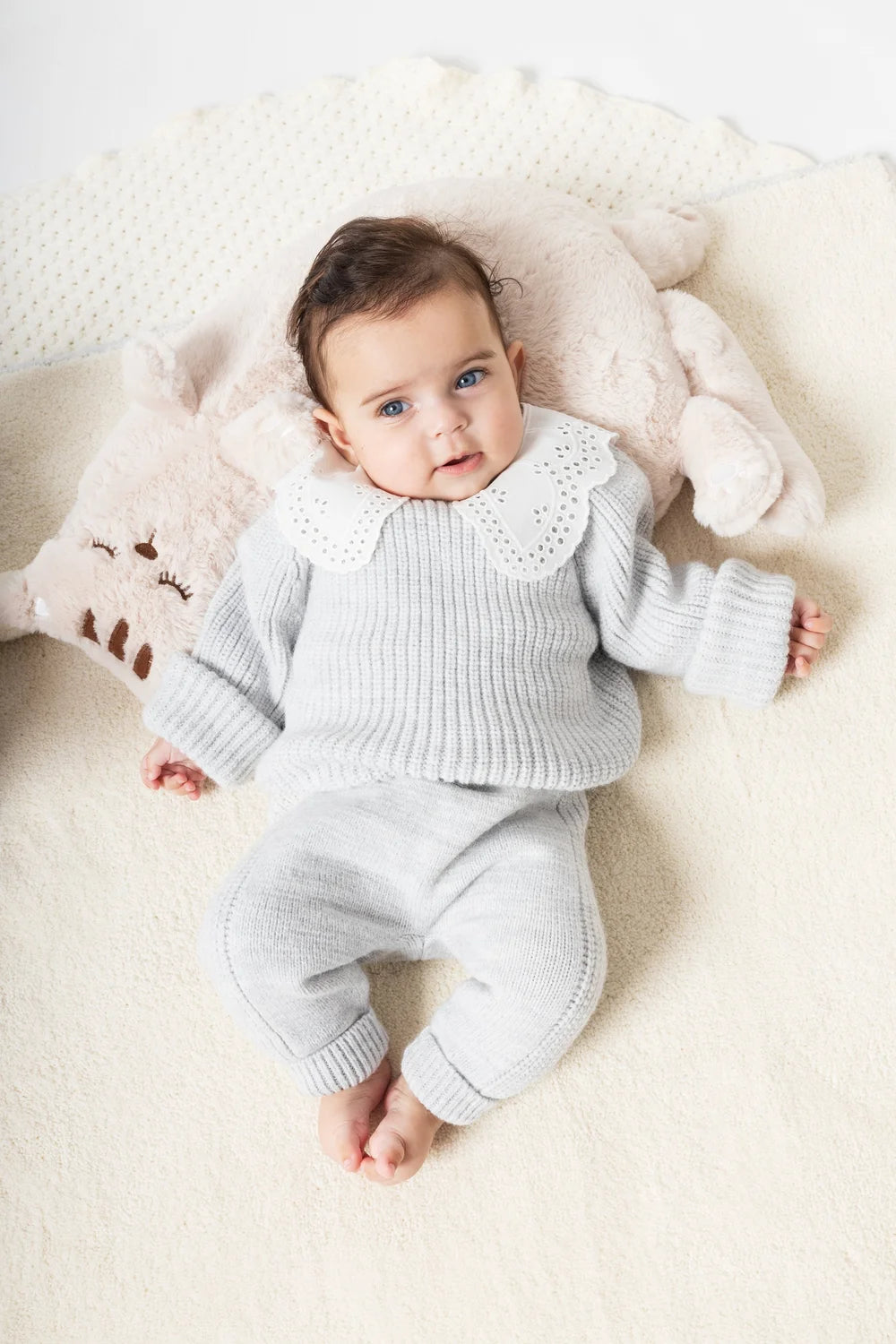 Baby Knit 2-Piece Set with Lace Collar – Soft Grey