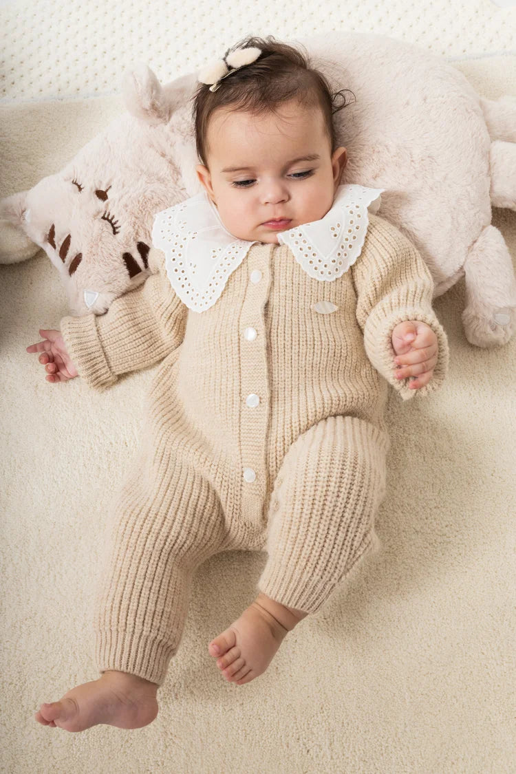 Baby Knit Romper with Lace Collar – Beige