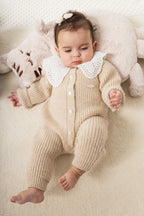 Baby Knit Romper with Lace Collar – Beige