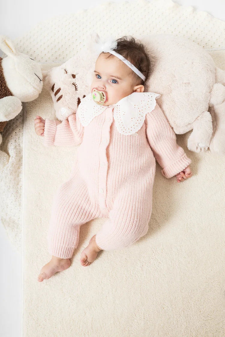 Baby Knit Romper with Lace Collar – Soft Pink