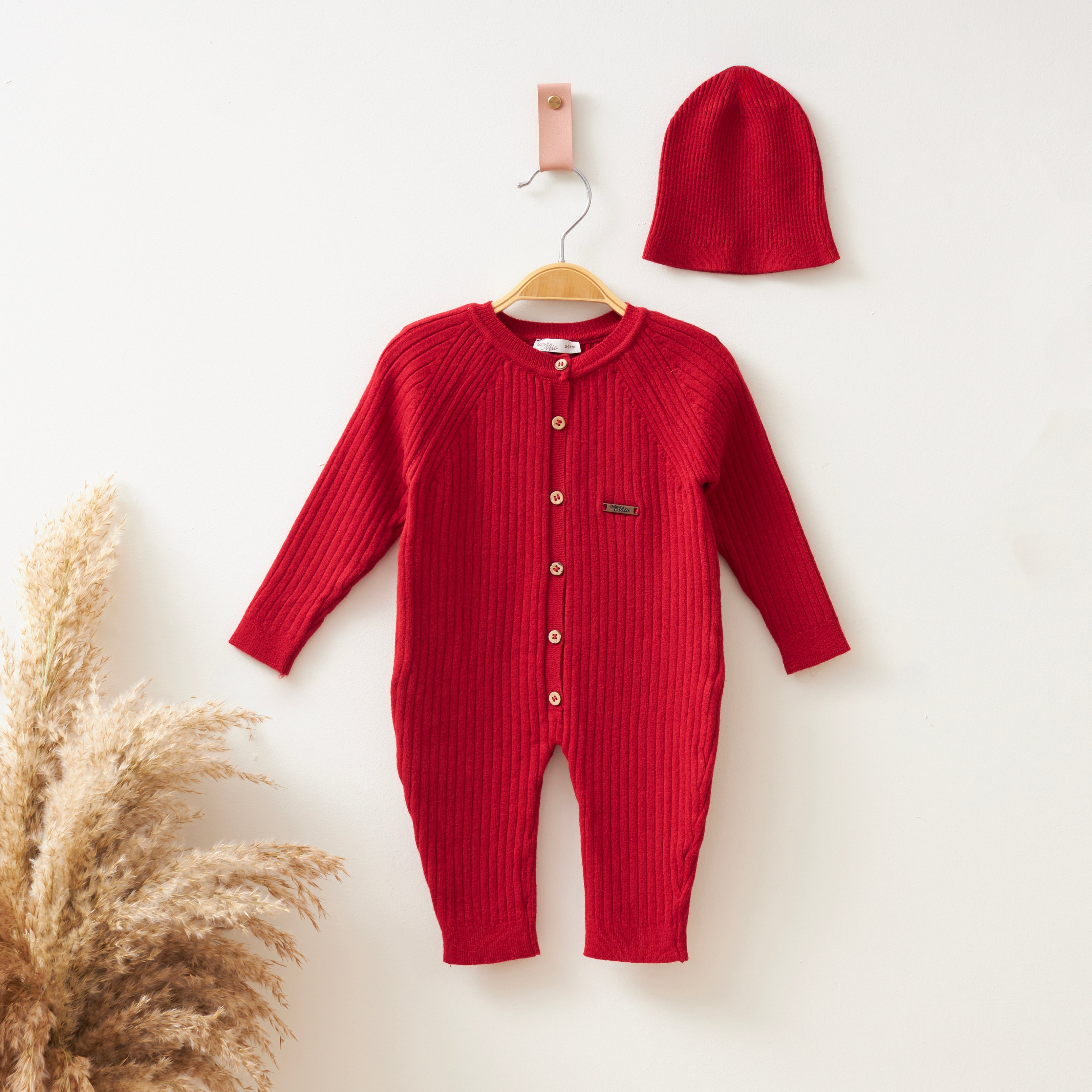 Baby Knit Romper Set with Hat – Classic Red