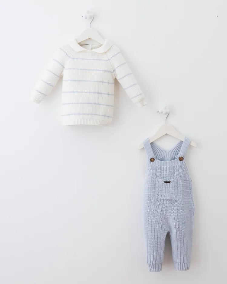 Baby Knit Overall Set – Light Blue & Cream | 2-Piece Outfit
