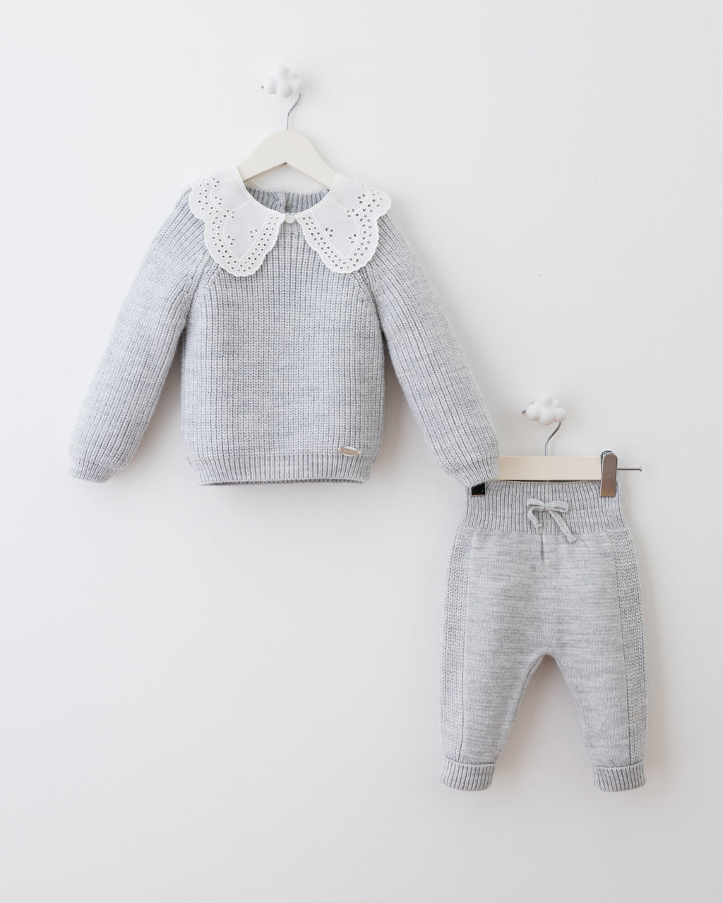 Baby Knit 2-Piece Set with Lace Collar – Soft Grey