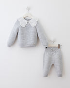 Baby Knit 2-Piece Set with Lace Collar – Soft Grey