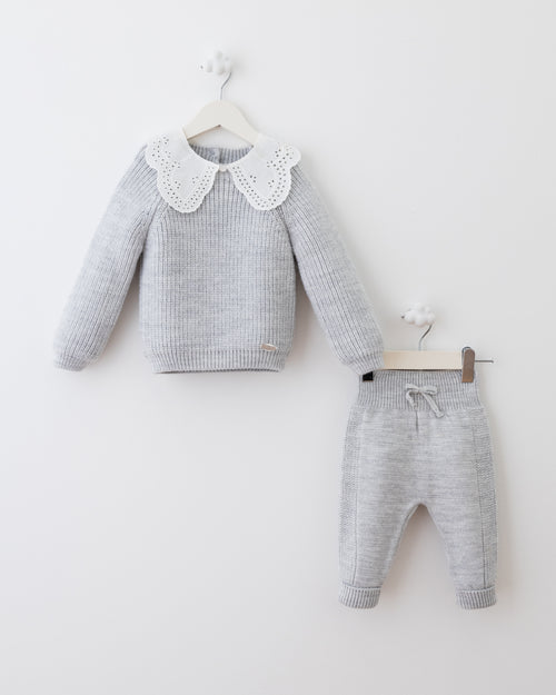 Baby Knit 2-Piece Set with Lace Collar – Soft Grey