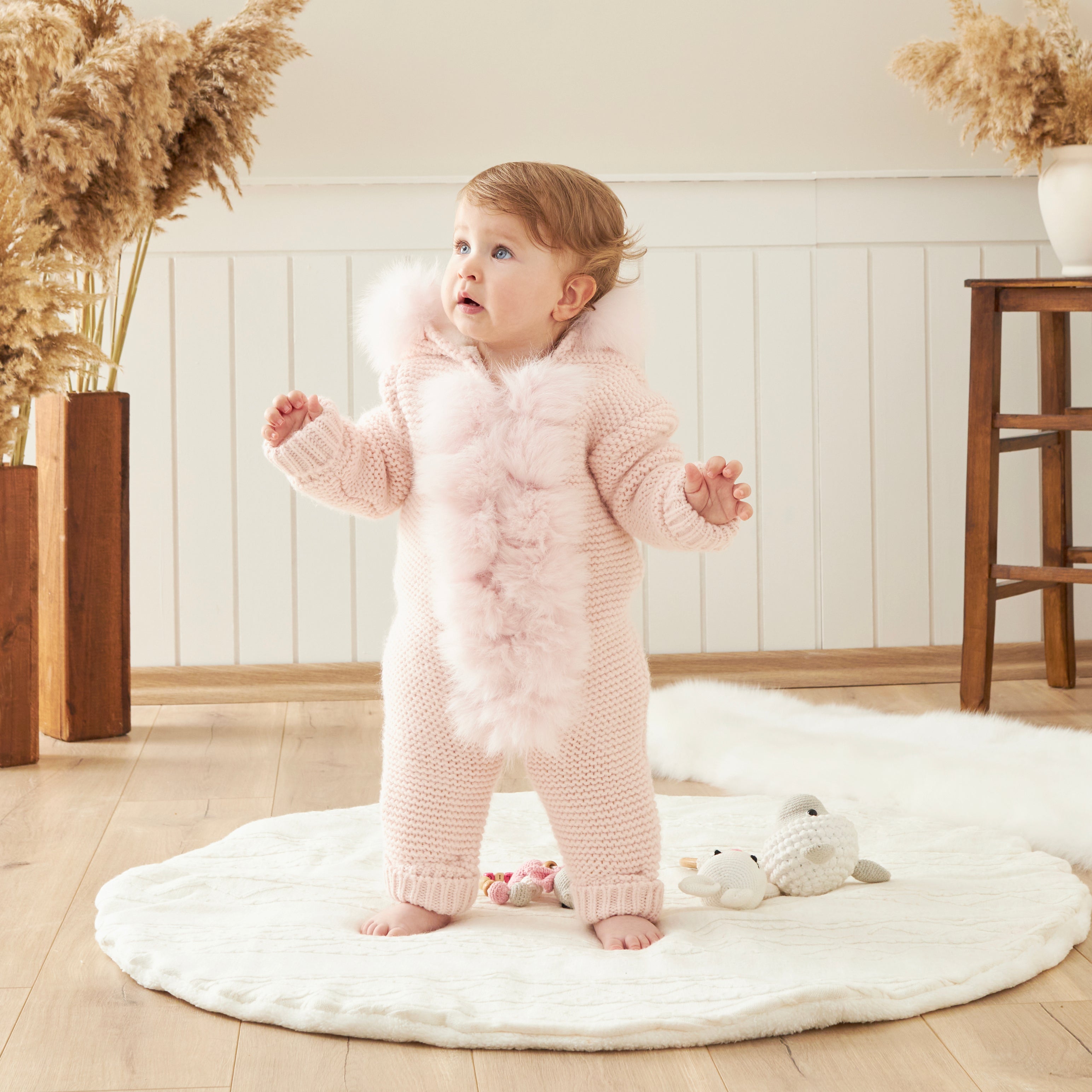 Luxury Baby Knit Romper with Faux Fur Hood – Soft Blush Pink