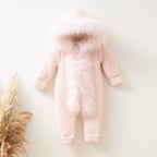 Luxury Baby Knit Romper with Faux Fur Hood – Soft Blush Pink