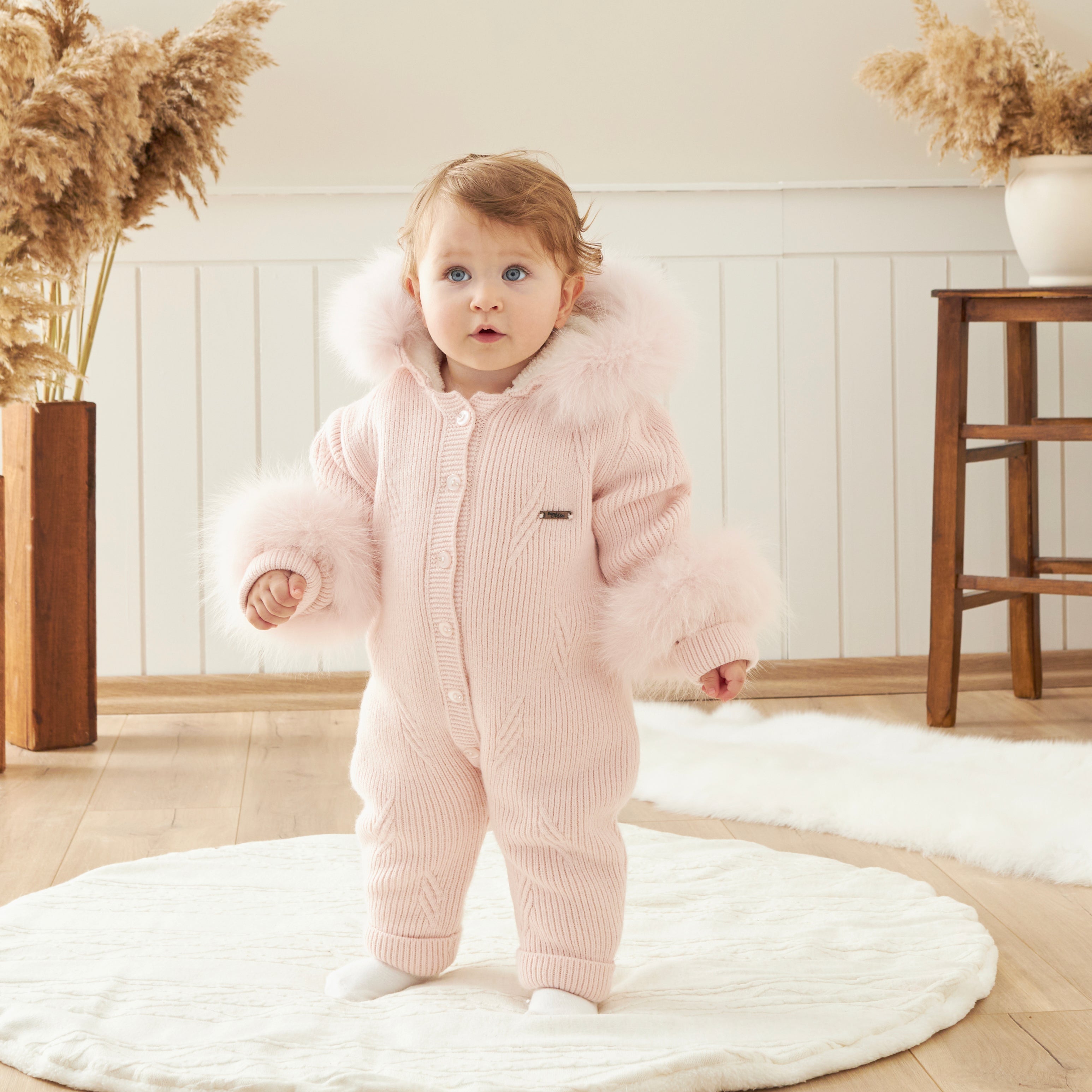 Luxury Blush Pink Fur Hood Knit Jumpsuit