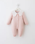 Baby Knit Romper with Lace Collar – Soft Pink