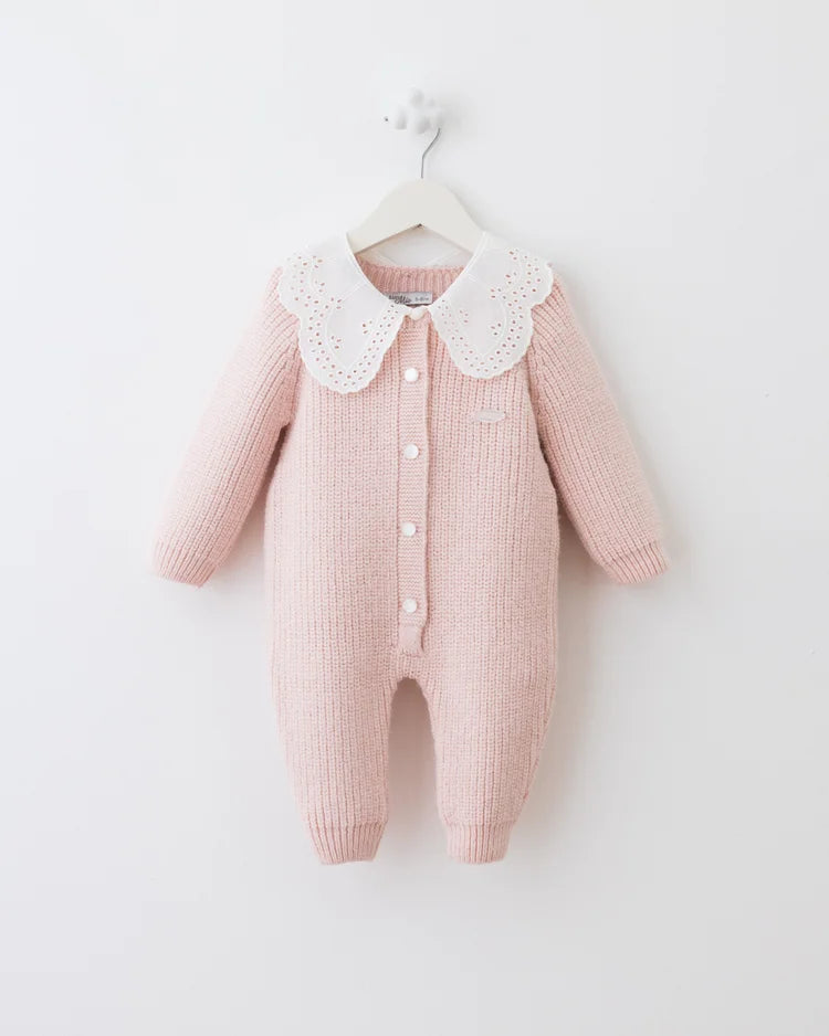 Baby Knit Romper with Lace Collar – Soft Pink