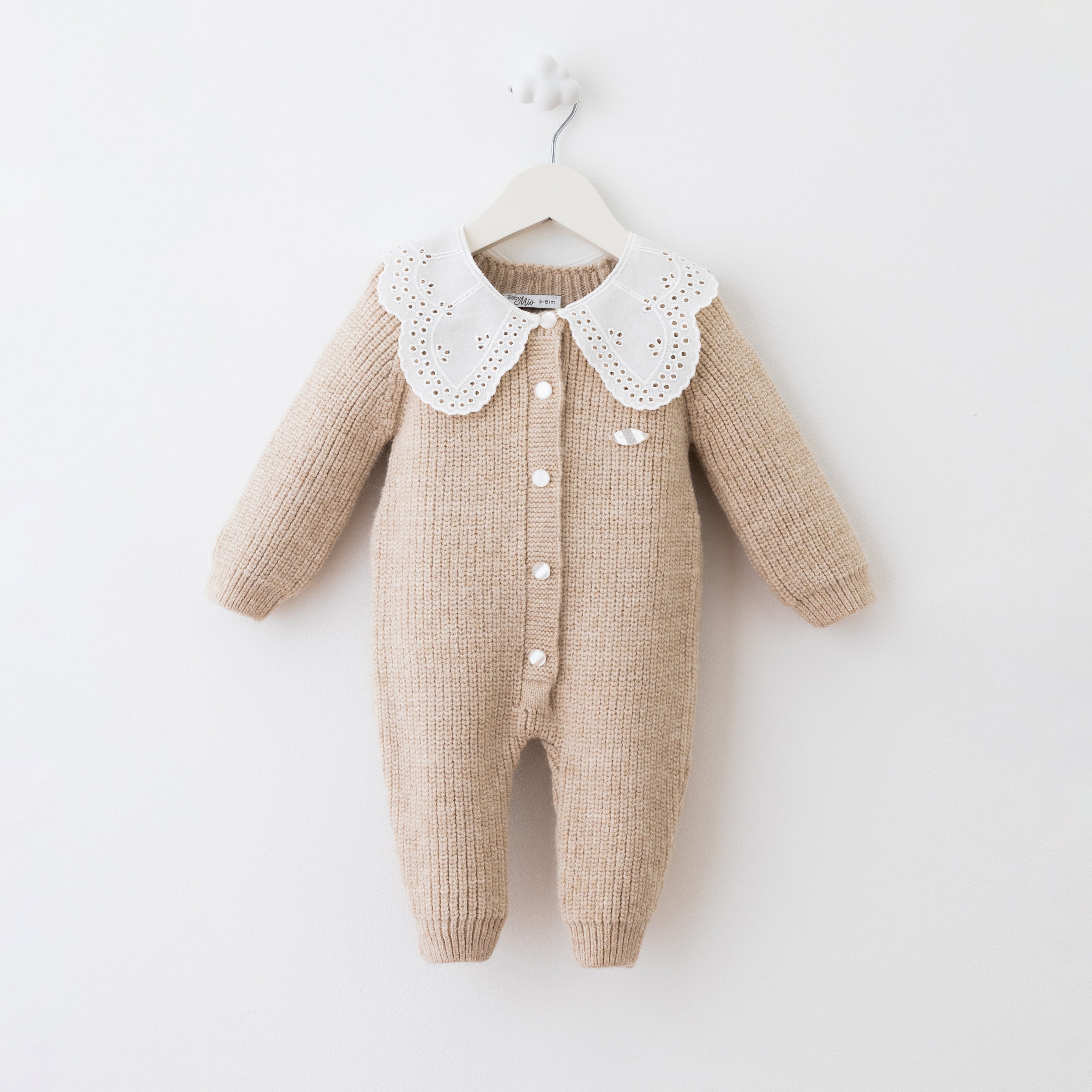 Baby Knit Romper with Lace Collar – Beige
