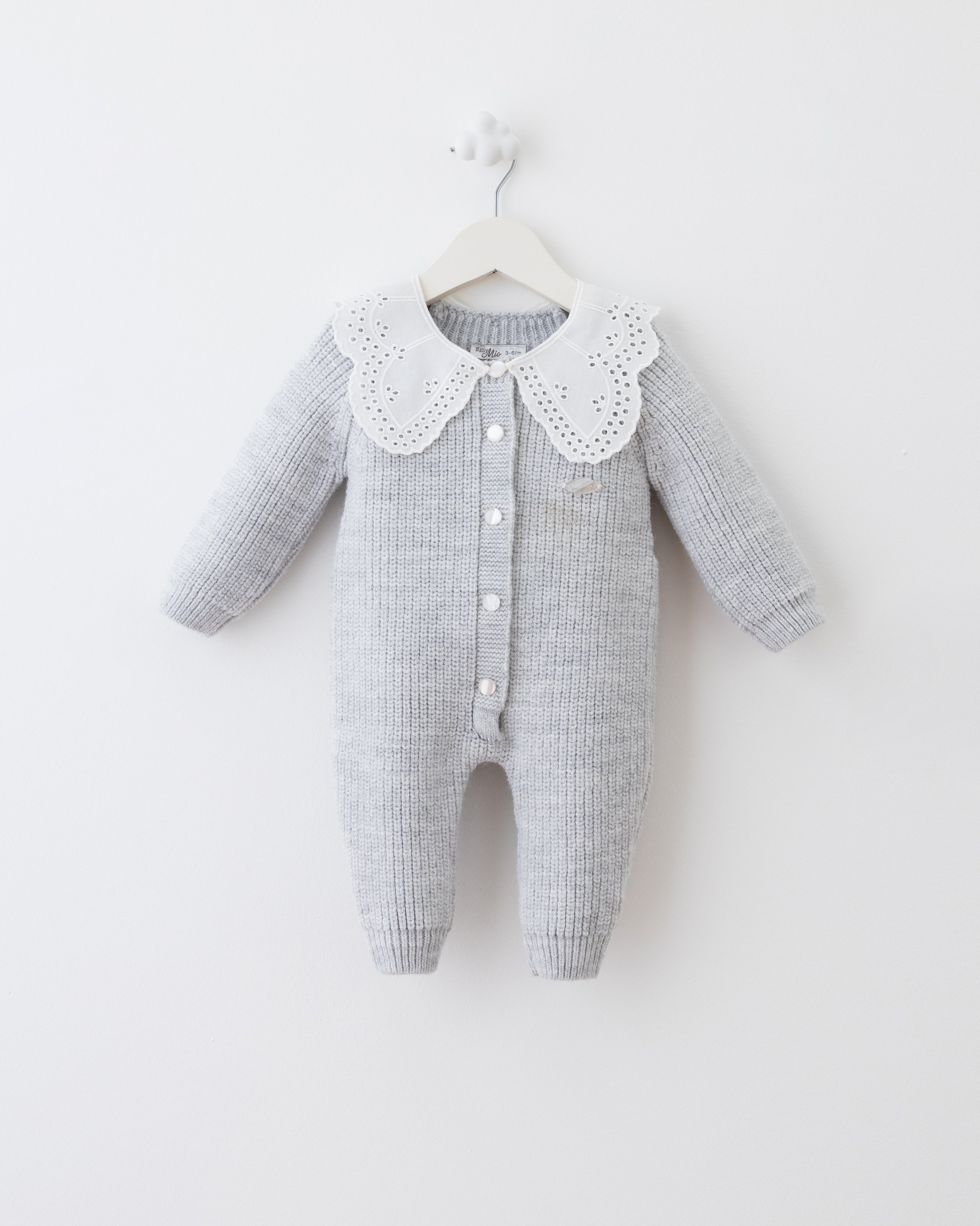 Baby Knit Romper with Lace Collar – Light Grey