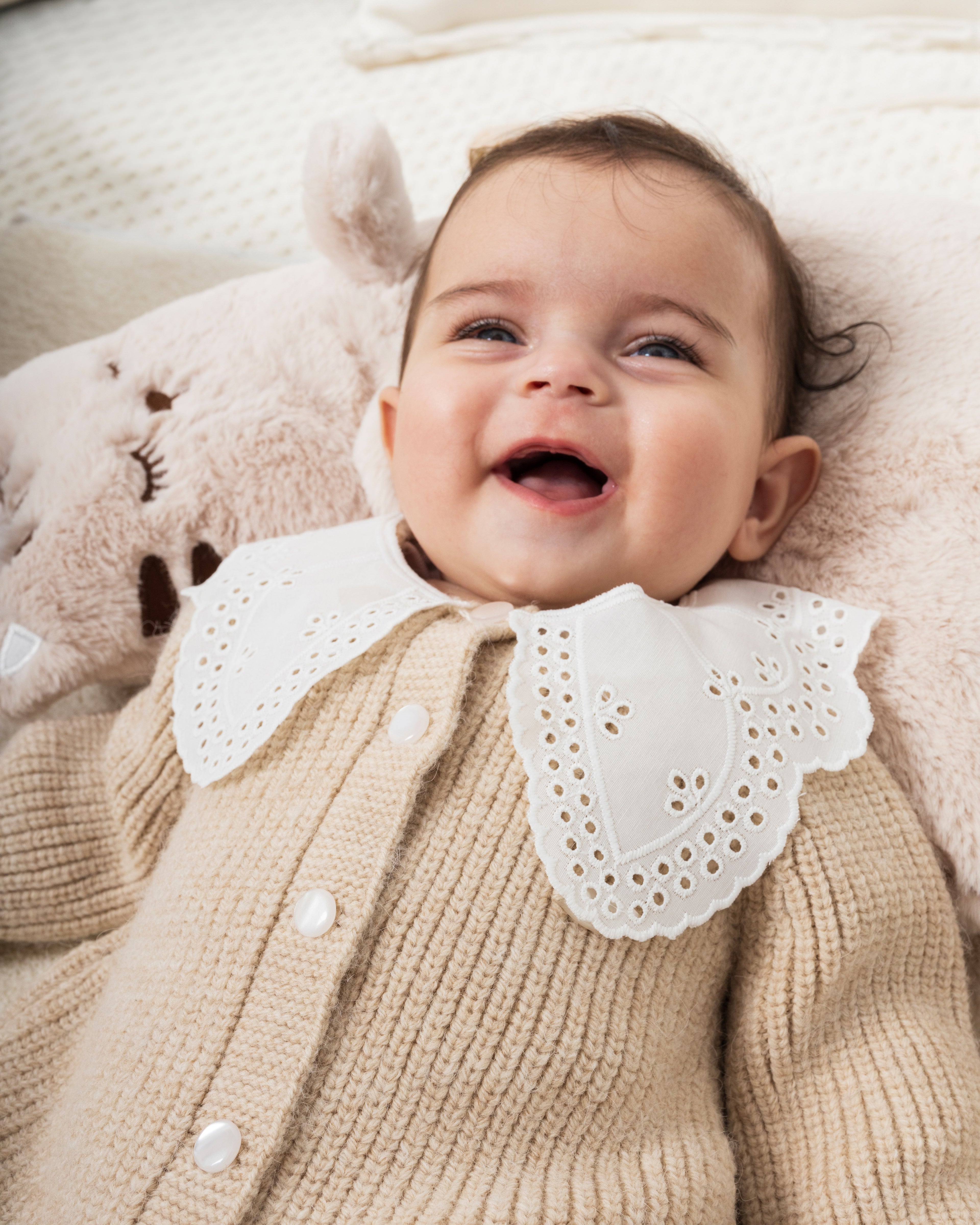 Baby Knit Romper with Lace Collar – Beige