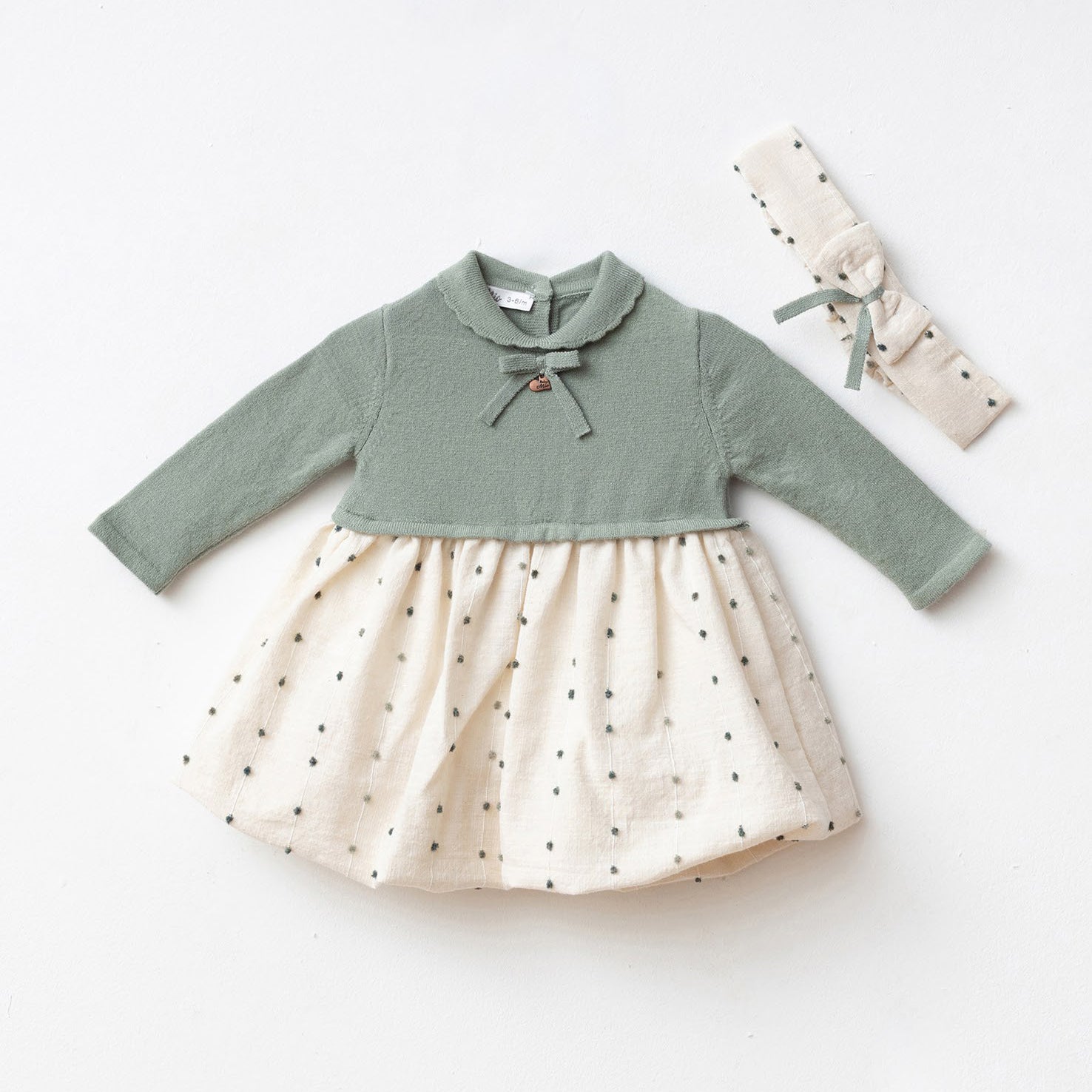 Green Knit & Cotton Baby Dress with Headband