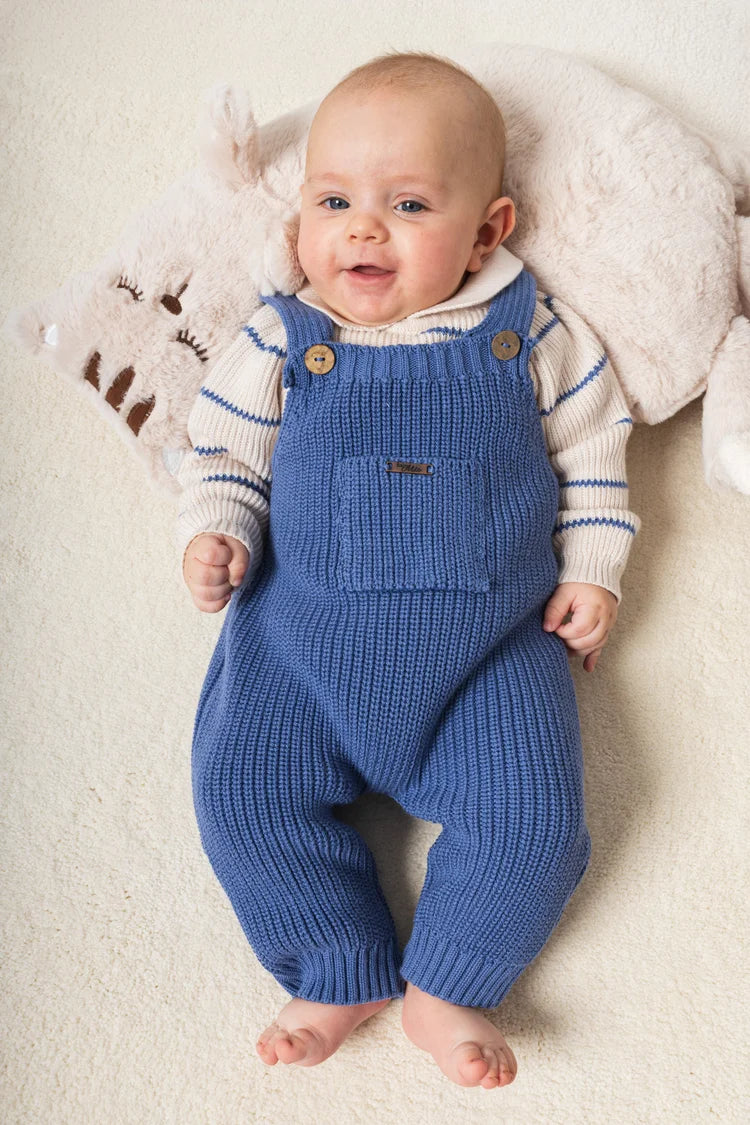 Baby Knit Overall Set – Soft Blue & Cream | 100% Cotton 2-Piece Outfit