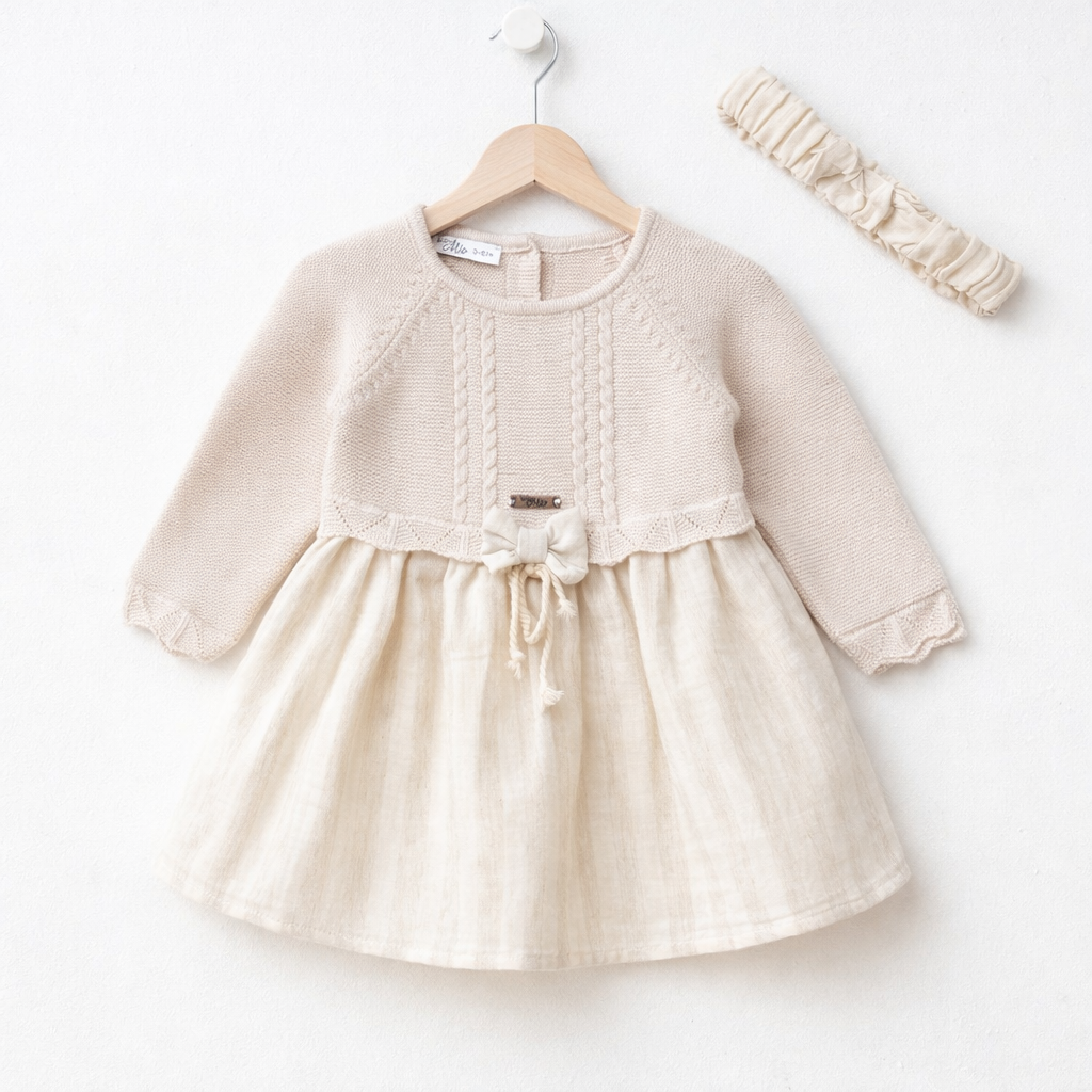 Beige Knit Baby Dress with Lace Skirt & Headband