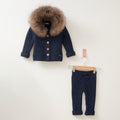 Navy Fur Hood Baby Set – Luxury Knit Outfit with Pants