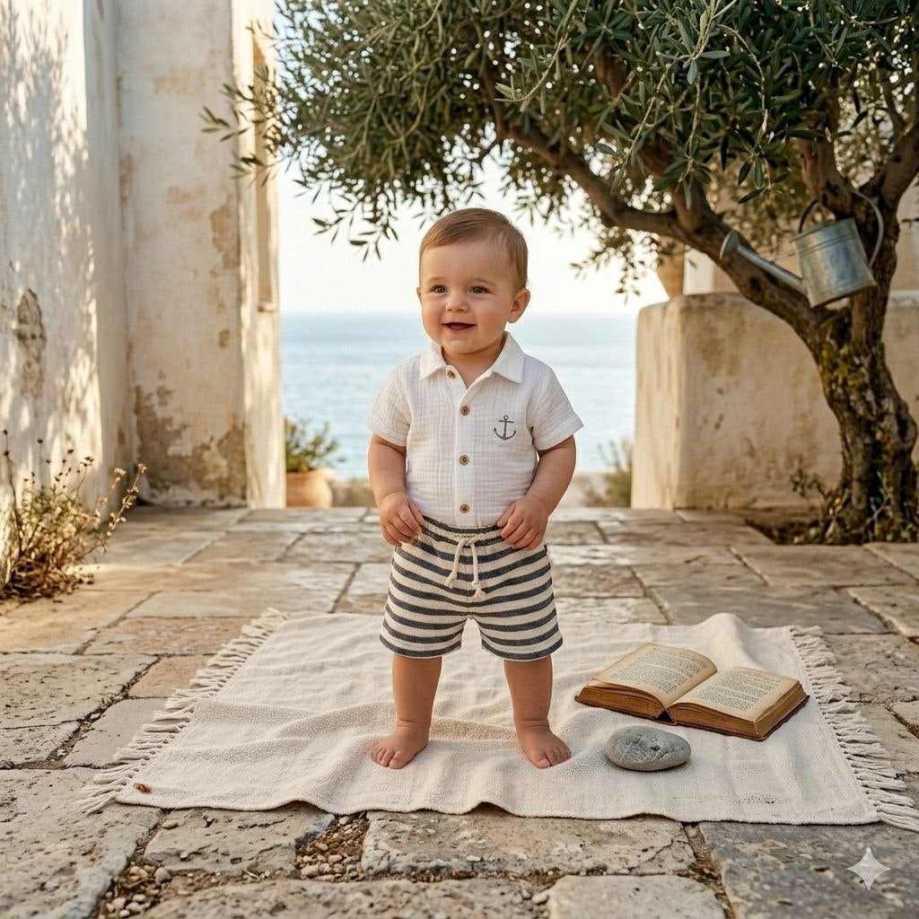 Baby Summer Cotton Set – Shirt & Striped Shorts (2-Piece Outfit)