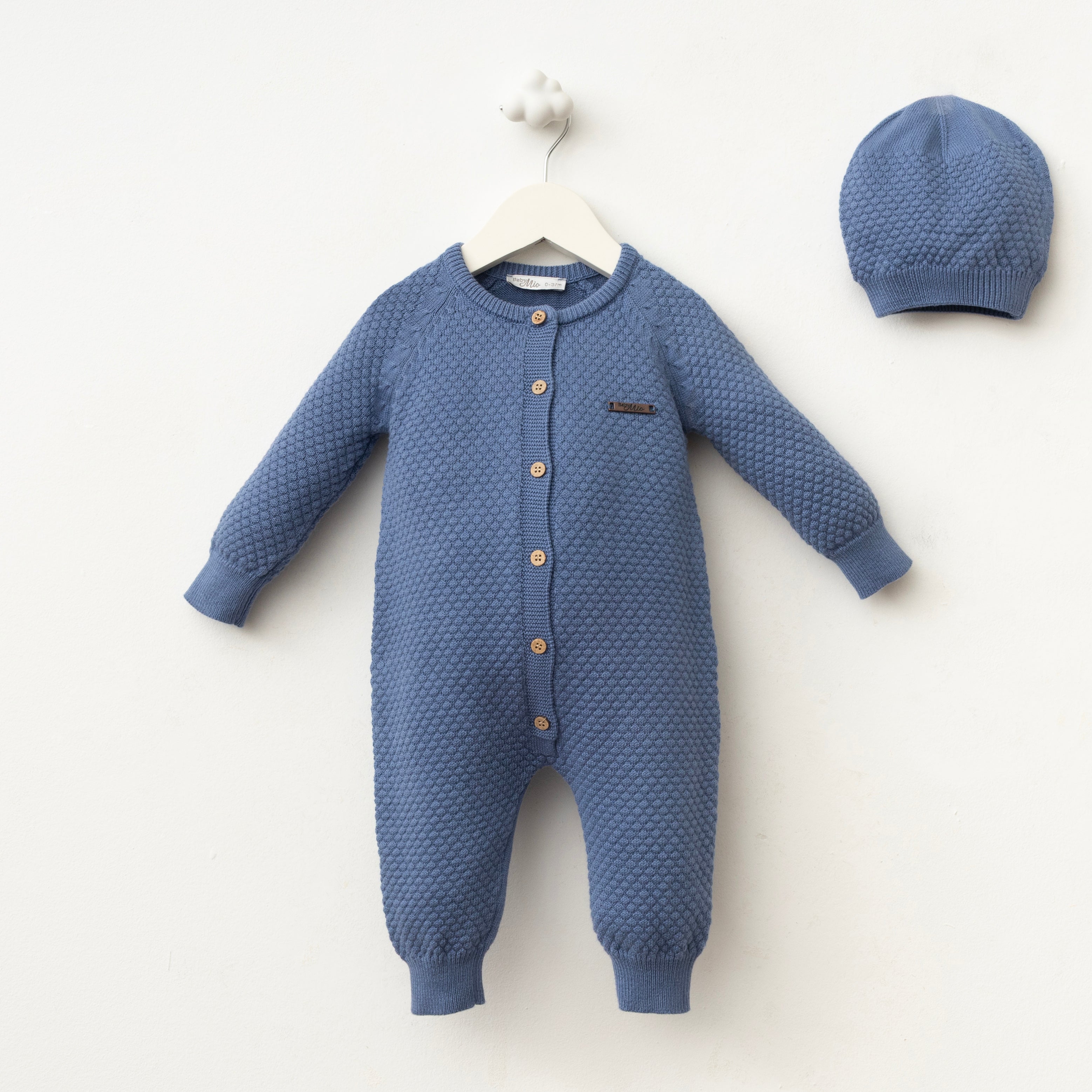 Soft Knit Baby Jumpsuit with Hat – Dusty Blue