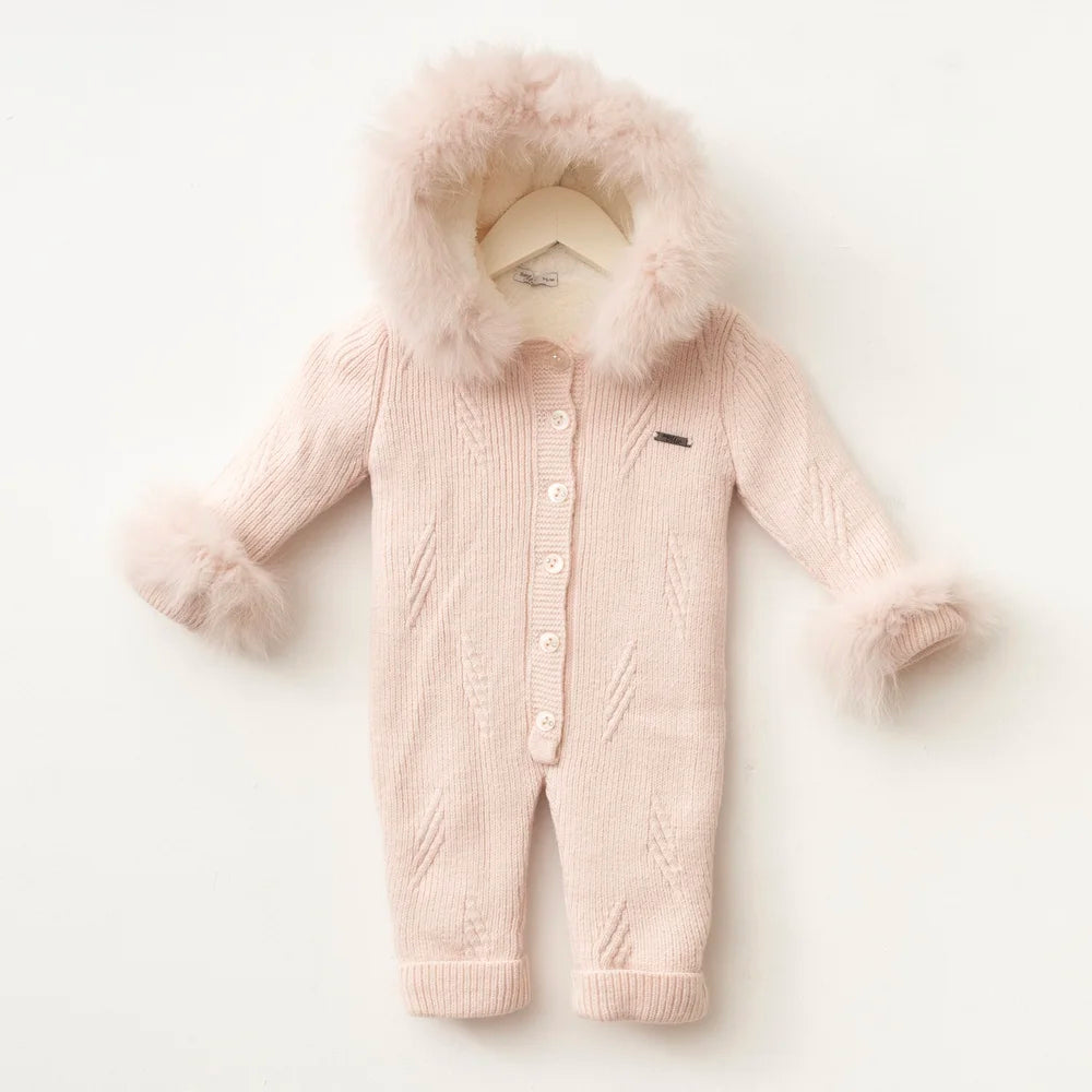Luxury Blush Pink Fur Hood Knit Jumpsuit