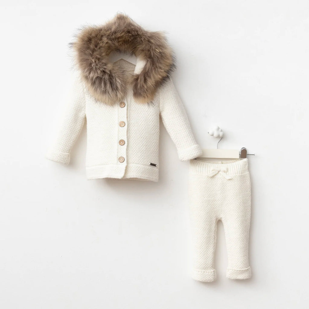 Fur Hood Knit Two-Piece Set – Cream