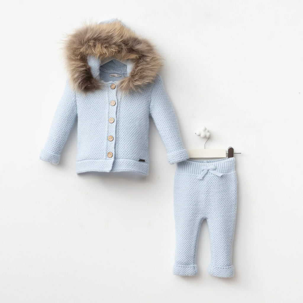 Fur Hood Knit Two-Piece Set – Baby Blue