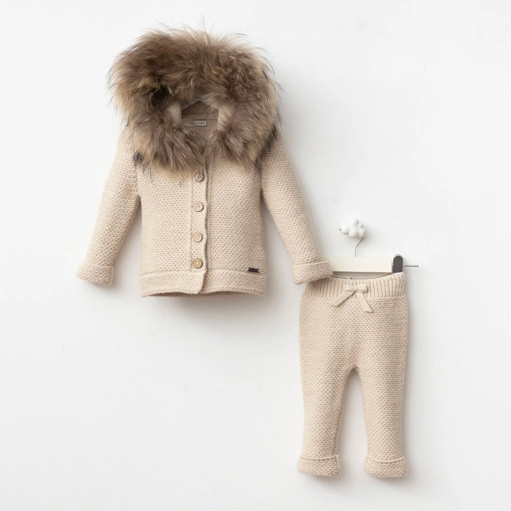 Fur Hood Knit Two-Piece Set – Beige