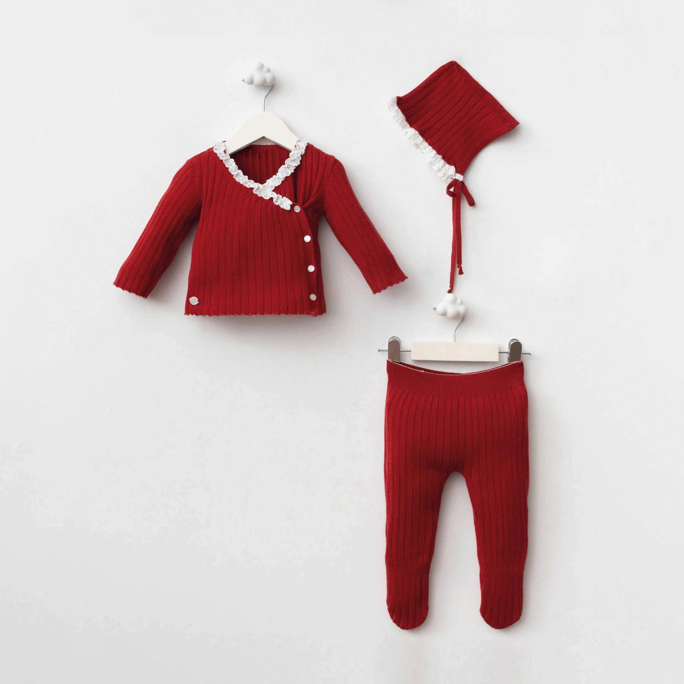 Newborn Knit Set – Red (3 Pieces: Top, Pants & Hat)